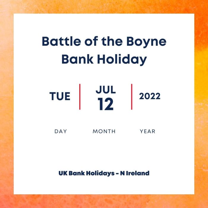 Battle of the Boyne Bank Holiday Calendar